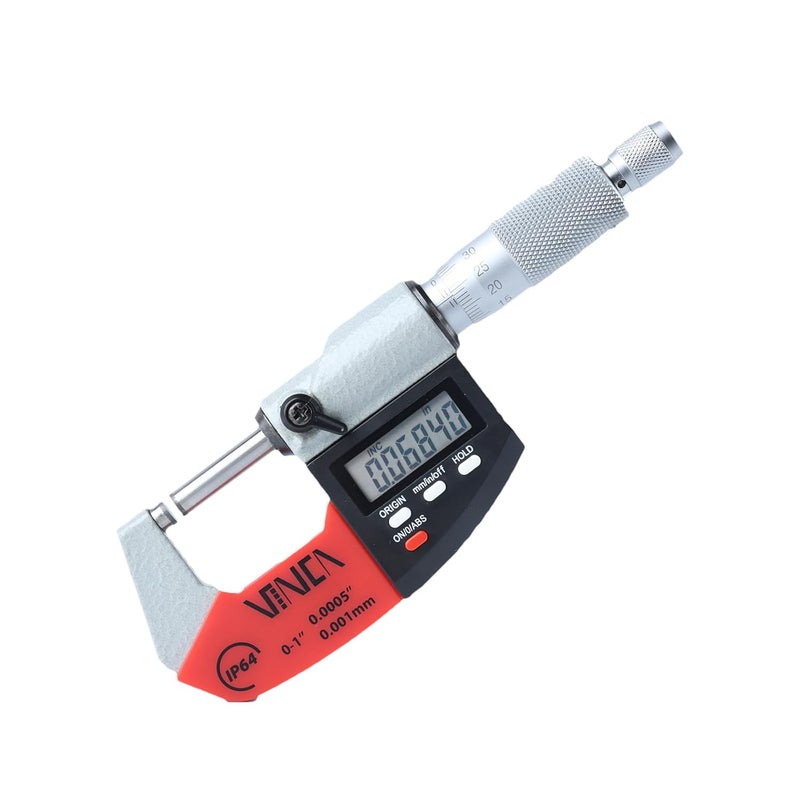 VINCA Absolute IP64 Origin Digital Micrometer, DMCA-0105 0-1"/0-25mm, 0.00005" /0.001mm Resolution, Hold Function, Carbide Tip - Image 1